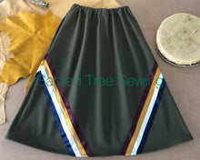 Load image into Gallery viewer, Green rain skirt with maroon, gold, white and navy ribbons
