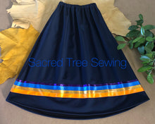 Load image into Gallery viewer, Blue rain skirt with orange, gold, royal blue and deep purple ribbons
