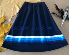 Load image into Gallery viewer, Blue rain skirt with navy, royal, teal and white ribbons
