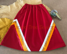 Load image into Gallery viewer, Red rain skirt with red, orange, gold and white ribbons
