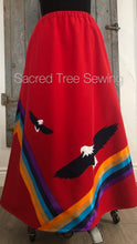 Load image into Gallery viewer, Two Eagles Ribbon Rain skirt front view with rainbow ribbons

